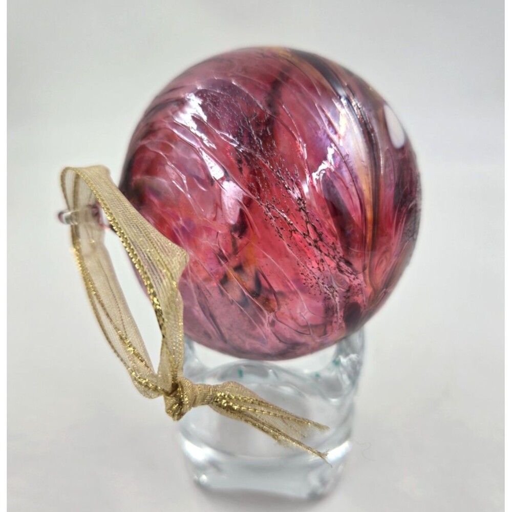 Hand Blown Art Glass Ornament Ball Red White Crackle Iridescent Swirl - Amazing